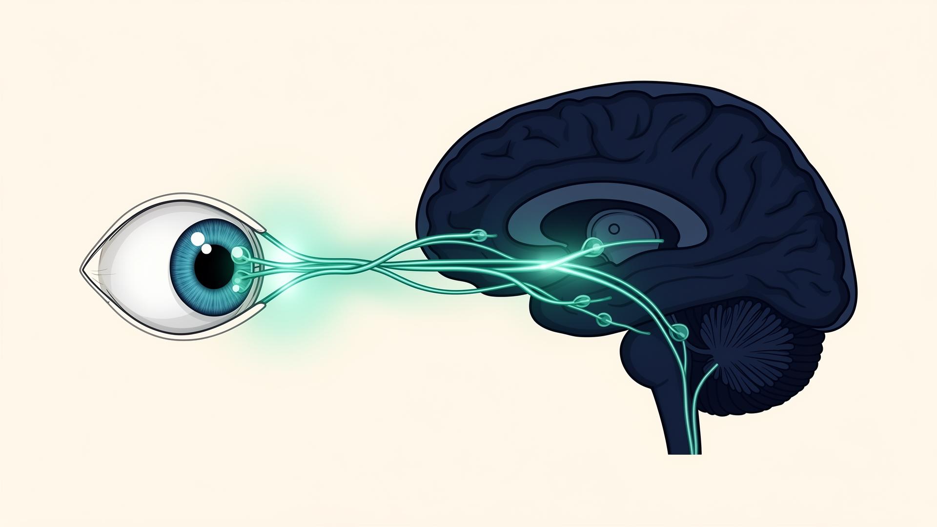 Ilustración anatómica del ojo, el nervio óptico y la vía óptica hacia el cerebro, estructuras afectadas por la Neuromielitis Óptica (NMO/NMOSD).